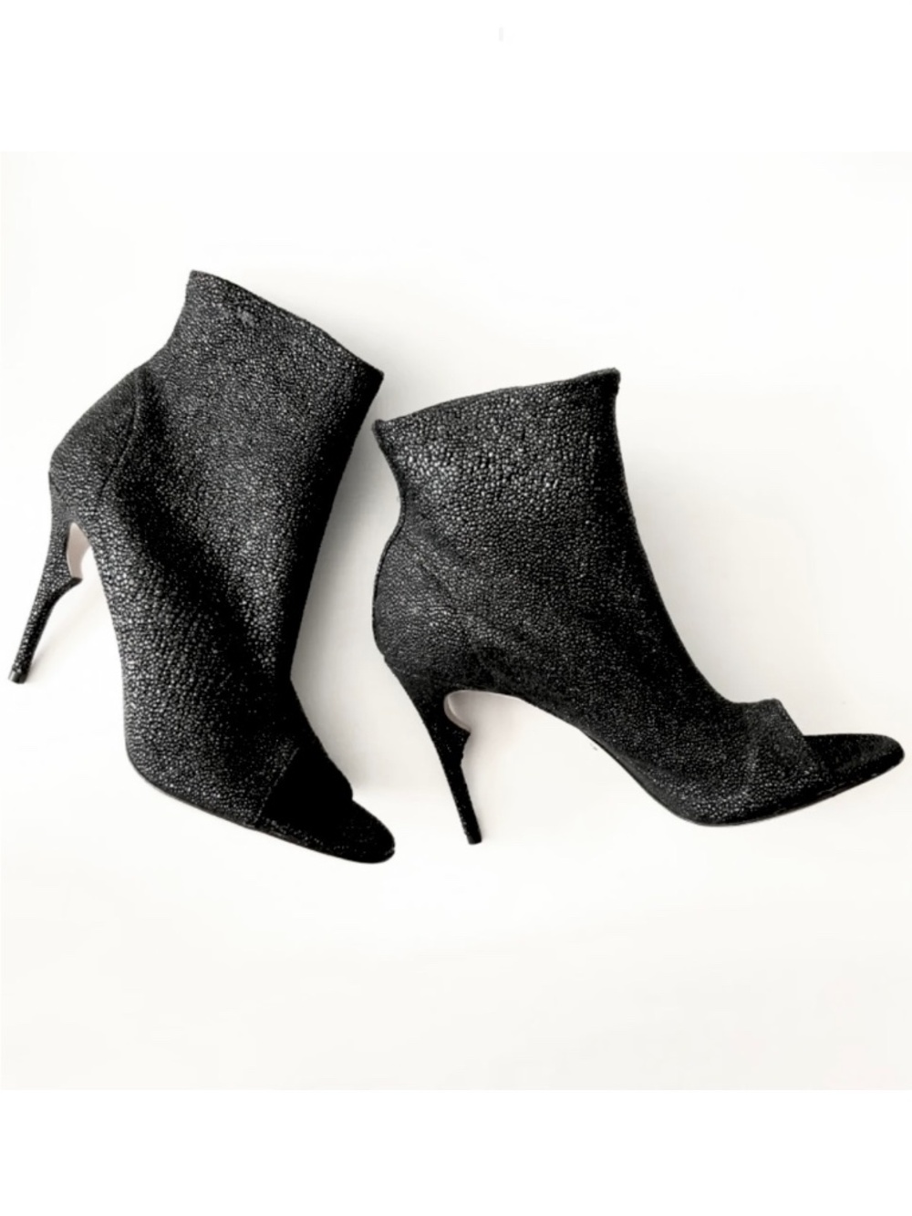 Jerome C. Rousseau Black Caviar Leather Open Toe Stiletto Heel Bootie Pumps 38.5